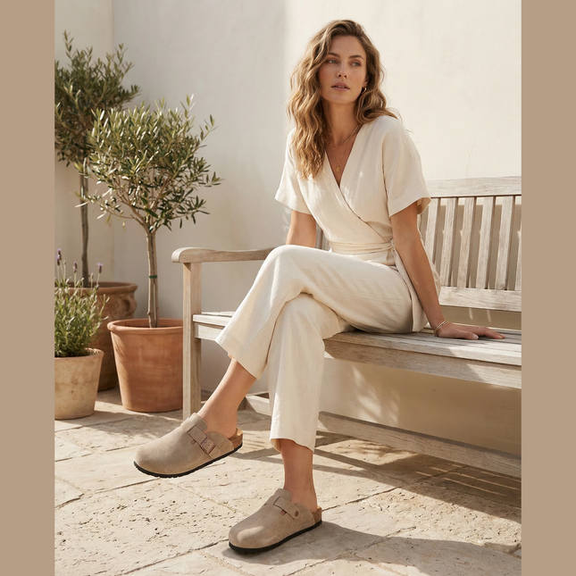Veloursleder Clogs Taupe – Komfort Clog aus echtem Rindsleder (Eigenmarke)