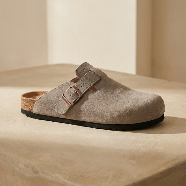 Veloursleder Clogs Taupe – Komfort Clog aus echtem Rindsleder (Eigenmarke)