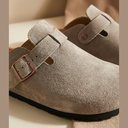 Veloursleder Clogs Taupe – Komfort Clog aus echtem Rindsleder (Eigenmarke)