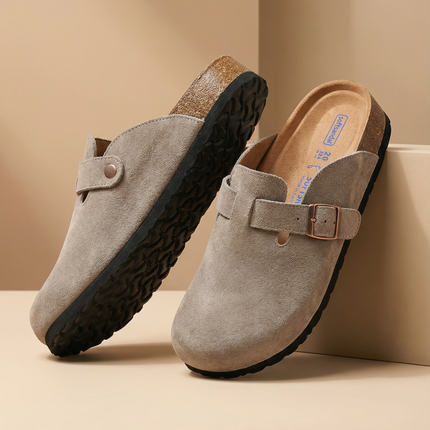 Veloursleder Clogs Taupe – Komfort Clog aus echtem Rindsleder (Eigenmarke)