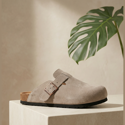 Veloursleder Clogs Taupe – Komfort Clog aus echtem Rindsleder (Eigenmarke)