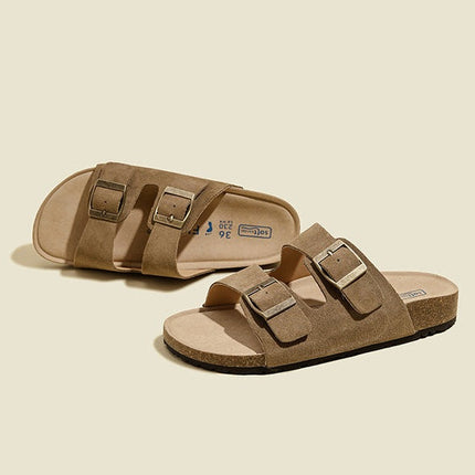 Veloursleder Sandalen mit Doppelriemen – Komfortable Sommer Slipper mit rutschfester Gummisohle