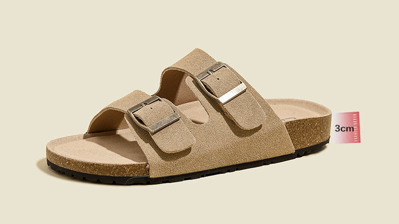 Damen Veloursleder Sandalen mit Doppelriemen – Komfortable Sommer Slipper mit rutschfester Gummisohle