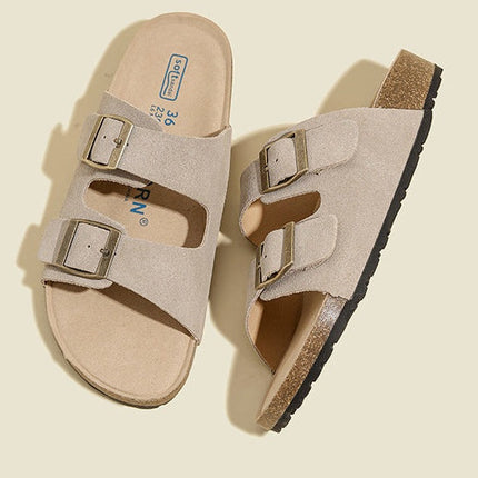 Veloursleder Sandalen mit Doppelriemen – Komfortable Sommer Slipper mit rutschfester Gummisohle