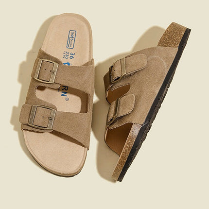 Veloursleder Sandalen mit Doppelriemen – Komfortable Sommer Slipper mit rutschfester Gummisohle